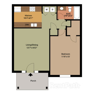 1 Bedroom 1 Bath with Porch Floor Plan