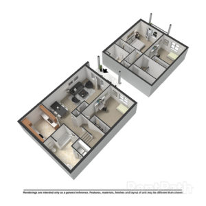 3 Bedroom and 2 Bath on 2 Floor Townhome Floor Plan